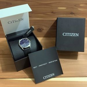 NWT Citizen Stiletto Eco-Drive Navy Blue Guilloche Dial Men’s Watch